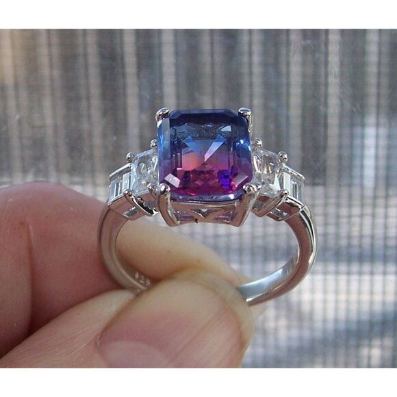 925 STERLING SILVER Bicolor Cubic Zirconia & Baguette Ring Blue & Pink - Picture 8 of 16